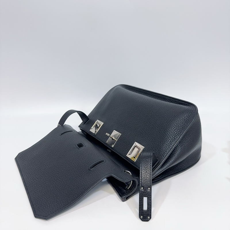 Hermes 89黑T/C皮銀釦Jypsiere28斜背包（男女通用）-10