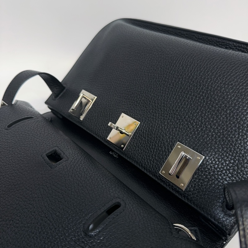Hermes 89黑T/C皮銀釦Jypsiere28斜背包（男女通用）-14