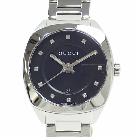 Gucci 女士石英錶，不鏽鋼材質，型號 YA142503，電池供電，黑色錶盤，鑲鑽時標