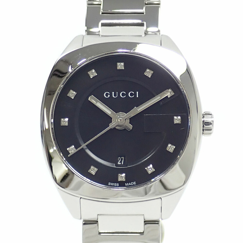 Gucci 女士石英錶，不鏽鋼材質，型號 YA142503，電池供電，黑色錶盤，鑲鑽時標-0