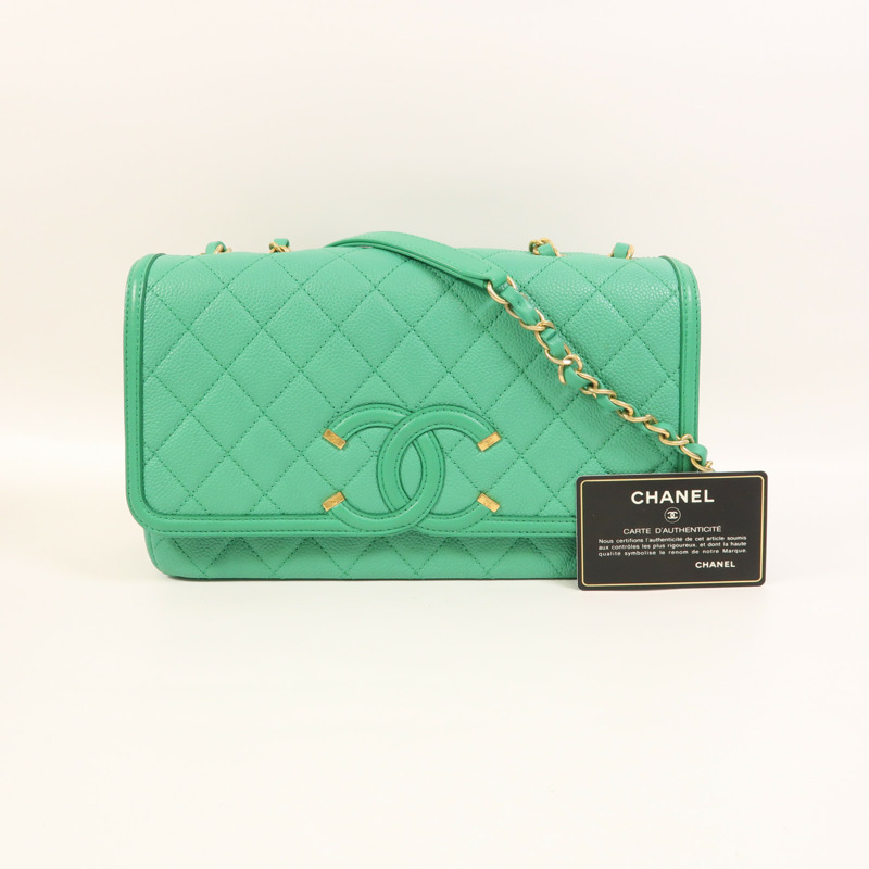 CHANEL 牛皮皮革Chain Shoulder金扣鏈帶肩背袋-10
