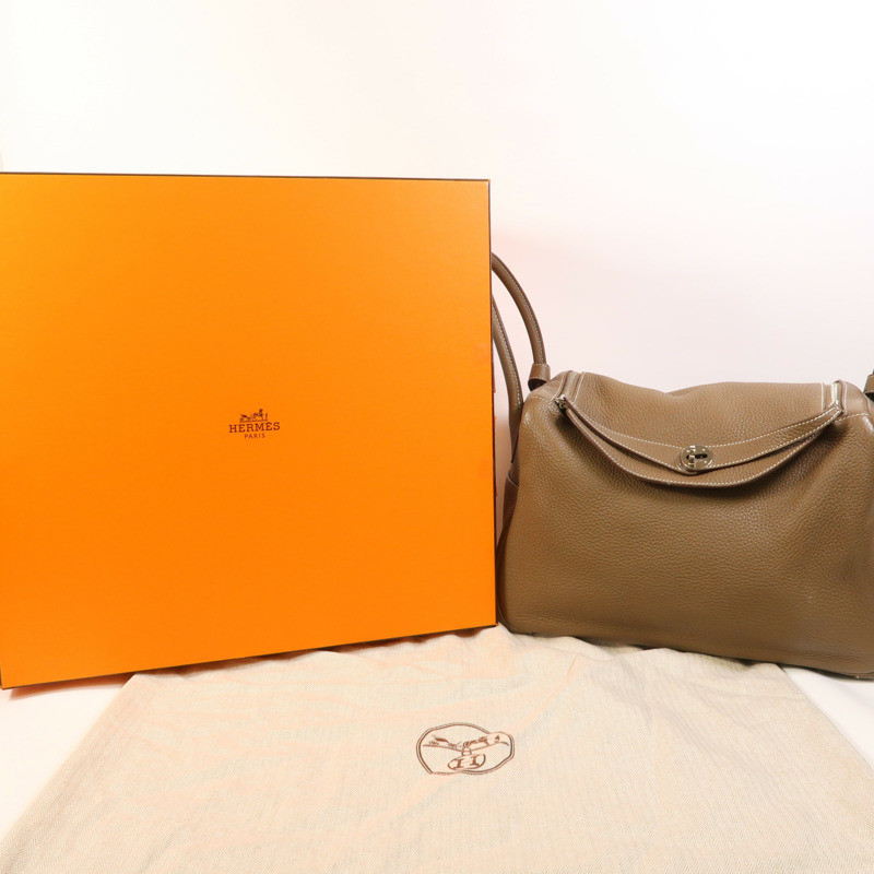 HERMES Clemence皮革Lindy 34銀扣手挽肩背兩用袋Etoupe-10
