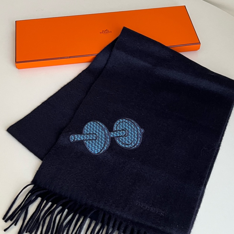HERMES 羊毛小啞鈴造型圍巾（黑色）-3