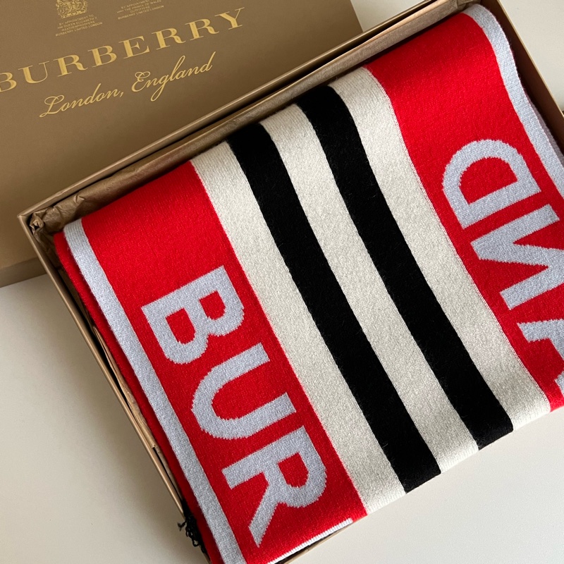 Burberry 羊毛英文LOGO圍巾（紅白條紋）-0