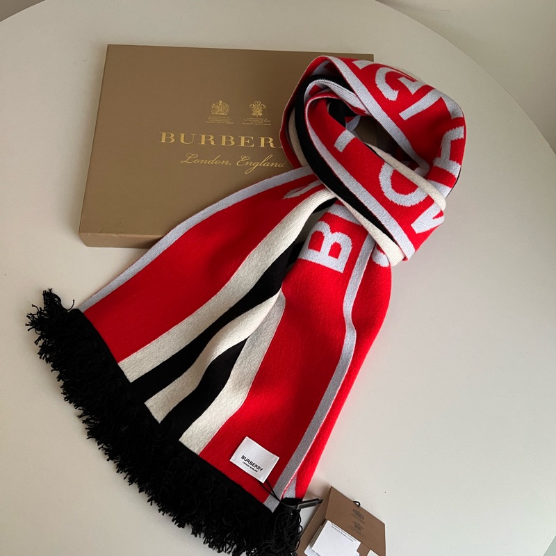 Burberry 羊毛英文LOGO圍巾（紅白條紋）-4