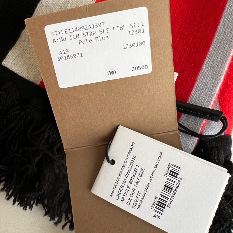 Burberry 羊毛英文LOGO圍巾（紅白條紋）-6