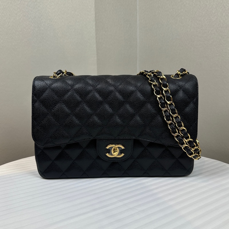 99新 香奈兒/Chanel CF Jumbo 菱格紋金扣魚子醬牛皮鏈條單肩斜背包 30x10x19.5cm-0