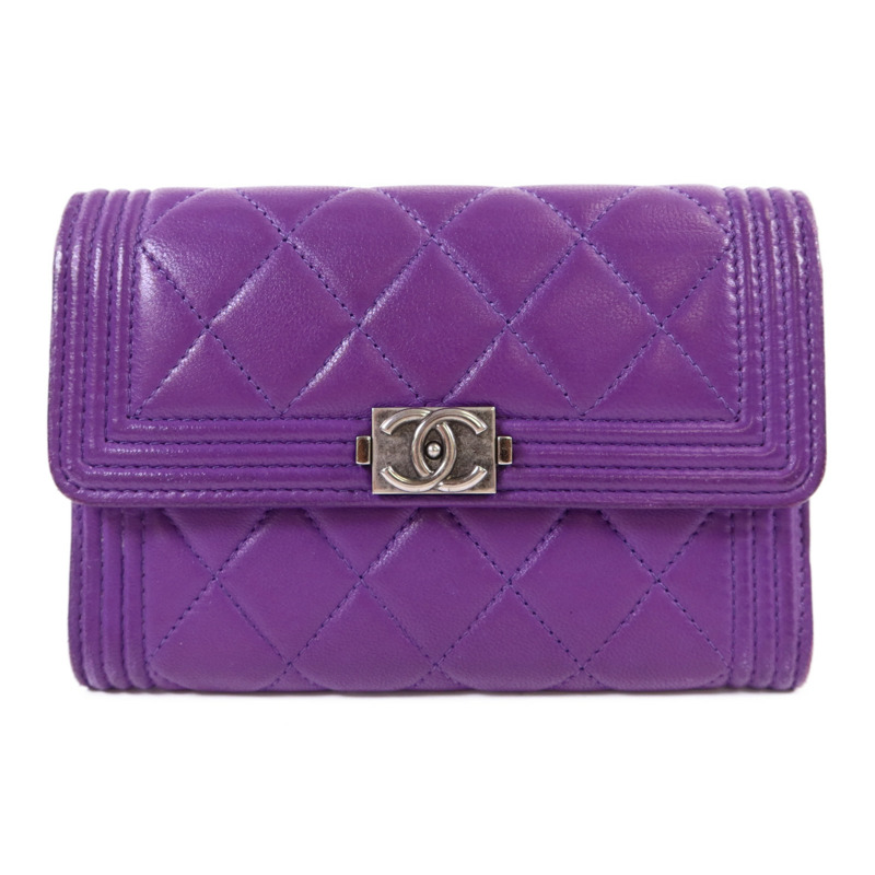 CHANEL 羊皮皮革Boy Bifold Wallet銀扣錢包-0