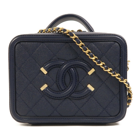 CHANEL 牛皮皮革Vanity Case金扣鏈帶手挽肩背兩用袋