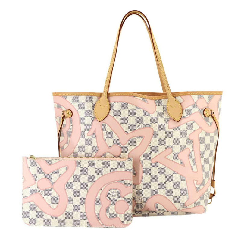 路易威登 Damier Azur Tahiti Neverfull MM 手提包 白色玫瑰芭蕾粉紅 (N41050)-0