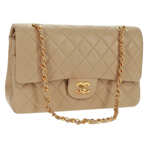 香奈兒 (CHANEL) 絎縫鏈條肩背包，羊皮材質，米色，金色雙C標誌，貨號 157554SM