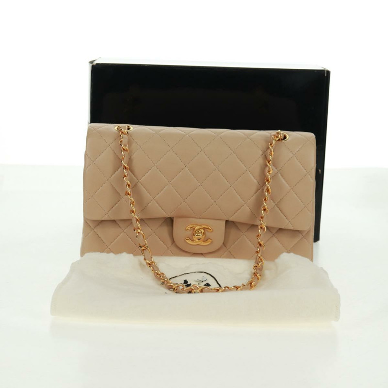 【日本直送】香奈兒 (CHANEL) 絎縫鏈條單肩包，羊皮材質，米色，金色雙C標誌，貨號 157554SM-29