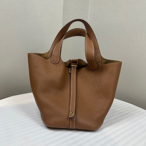 愛馬仕/Hermes Picotin Lock 18 金棕色金扣菜籃子手提水桶包 18x13x19cm