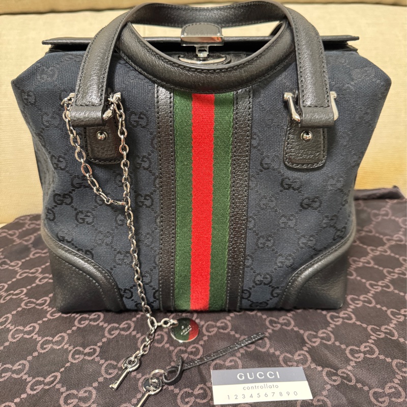 GUCCI 專櫃正品 146002 黑 OPHDIA 綠紅綠 經典 帆布 醫生包 絕版限量款 手提包 方包-0