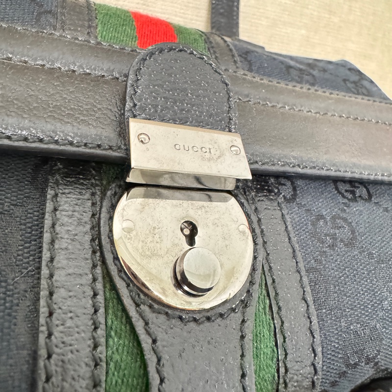 GUCCI 專櫃正品 146002 黑 OPHDIA 綠紅綠 經典 帆布 醫生包 絕版限量款 手提包 方包-18