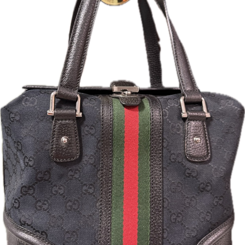 GUCCI 專櫃正品 146002 黑 OPHDIA 綠紅綠 經典 帆布 醫生包 絕版限量款 手提包 方包-23