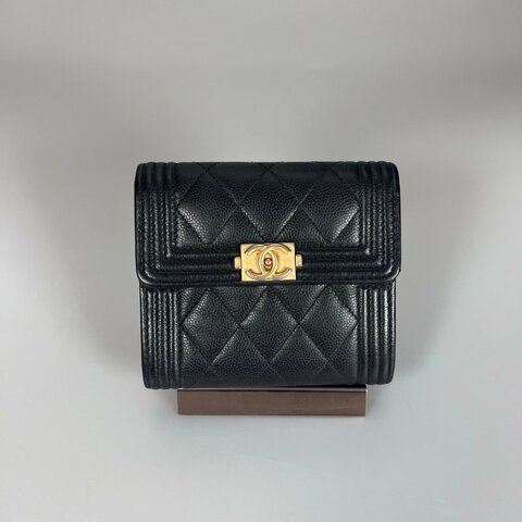 CHANEL BOY荔枝三折短夾 黑金 23開