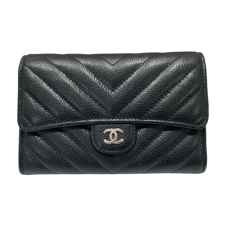 CHANEL 香奈兒 荔枝牛皮 三折 山形紋 中夾 黑銀-0