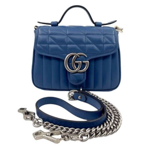 GUCCI古馳 Marmont 銀標Logo 竪條斜紋絎縫 皮革 單肩斜挎手提包 迷你 女款 藍色 剪标