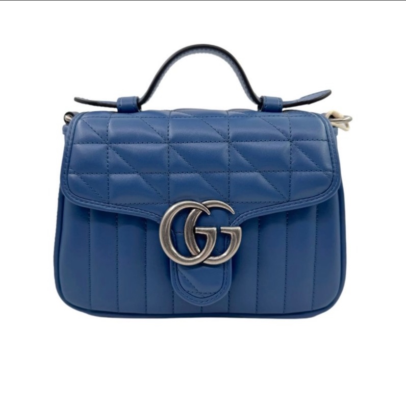 GUCCI古馳 Marmont 銀標Logo 竪條斜紋絎縫 皮革 單肩斜挎手提包 迷你 女款 藍色 剪标-7