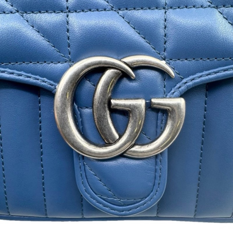 GUCCI古馳 Marmont 銀標Logo 竪條斜紋絎縫 皮革 單肩斜挎手提包 迷你 女款 藍色 剪标-8