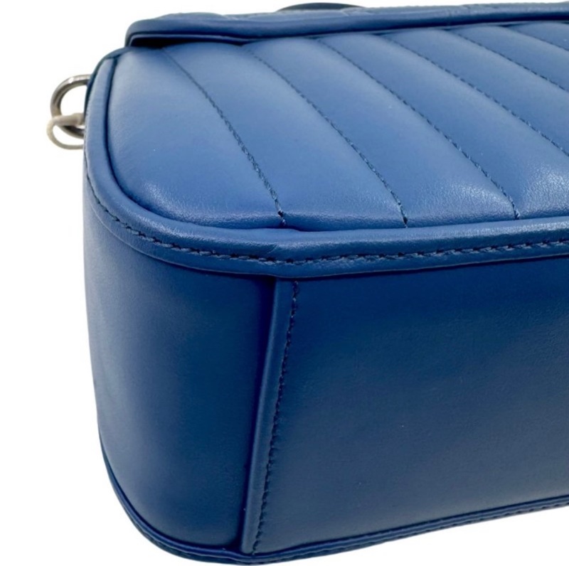 GUCCI古馳 Marmont 銀標Logo 竪條斜紋絎縫 皮革 單肩斜挎手提包 迷你 女款 藍色 剪标-10