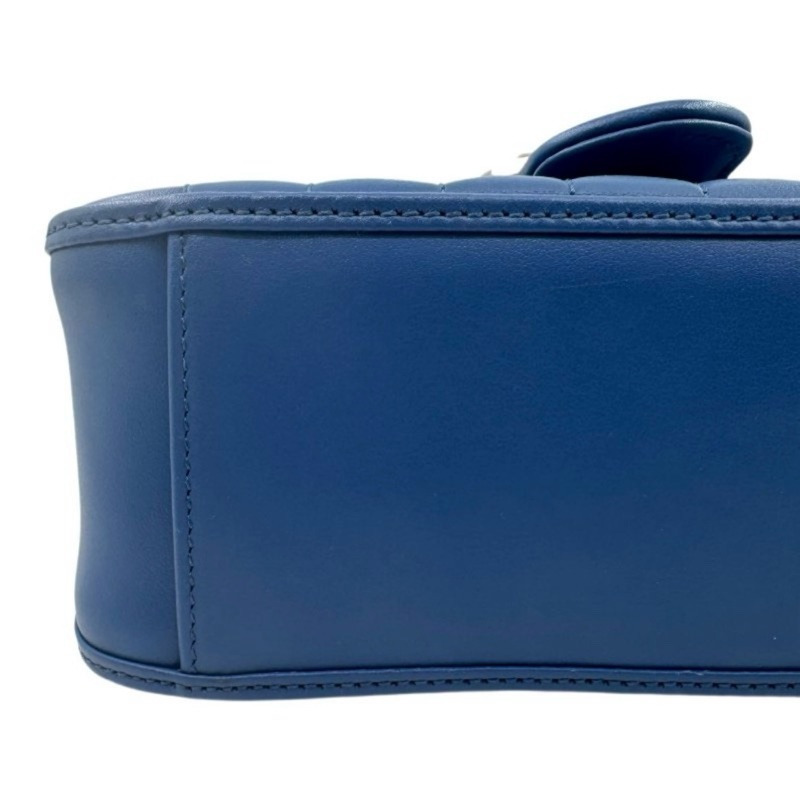 GUCCI古馳 Marmont 銀標Logo 竪條斜紋絎縫 皮革 單肩斜挎手提包 迷你 女款 藍色 剪标-13
