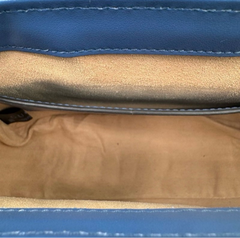 GUCCI古馳 Marmont 銀標Logo 竪條斜紋絎縫 皮革 單肩斜挎手提包 迷你 女款 藍色 剪标-15