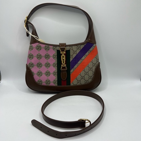 GUCCI古馳 Jackie 1961 金色鎖扣幾何印花可拆卸延長肩帶 帆布拼皮革飾邊 半月腋下包 單肩包 小號 女款 棕粉拼色