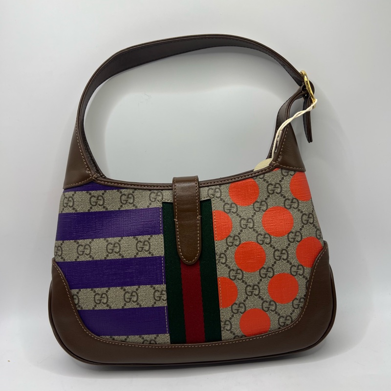 GUCCI古馳 Jackie 1961 金色鎖扣幾何印花可拆卸延長肩帶 帆布拼皮革飾邊 半月腋下包 單肩包 小號 女款 棕粉拼色-1