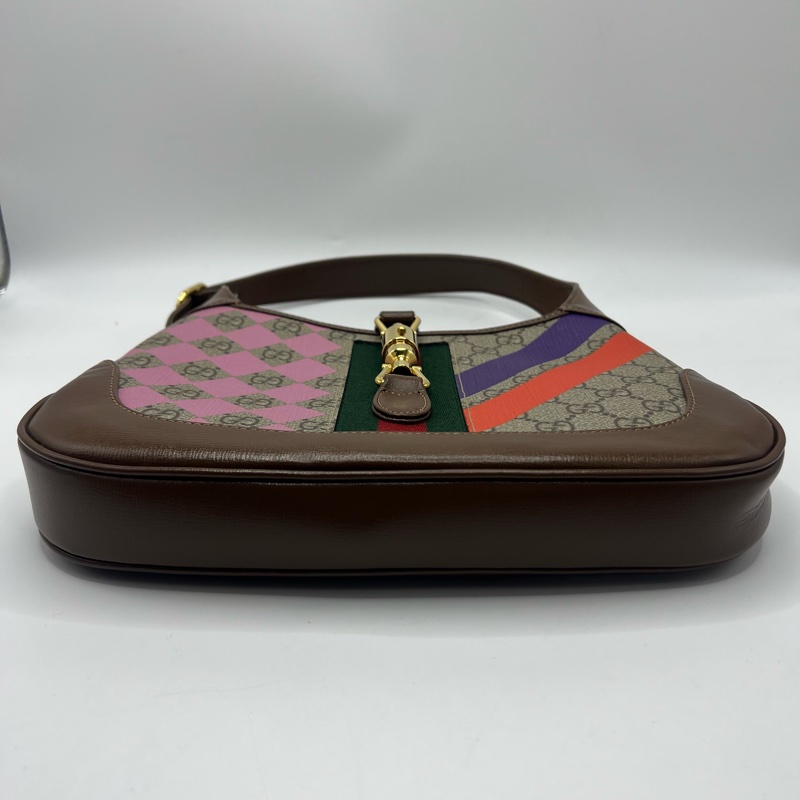GUCCI古馳 Jackie 1961 金色鎖扣幾何印花可拆卸延長肩帶 帆布拼皮革飾邊 半月腋下包 單肩包 小號 女款 棕粉拼色-2