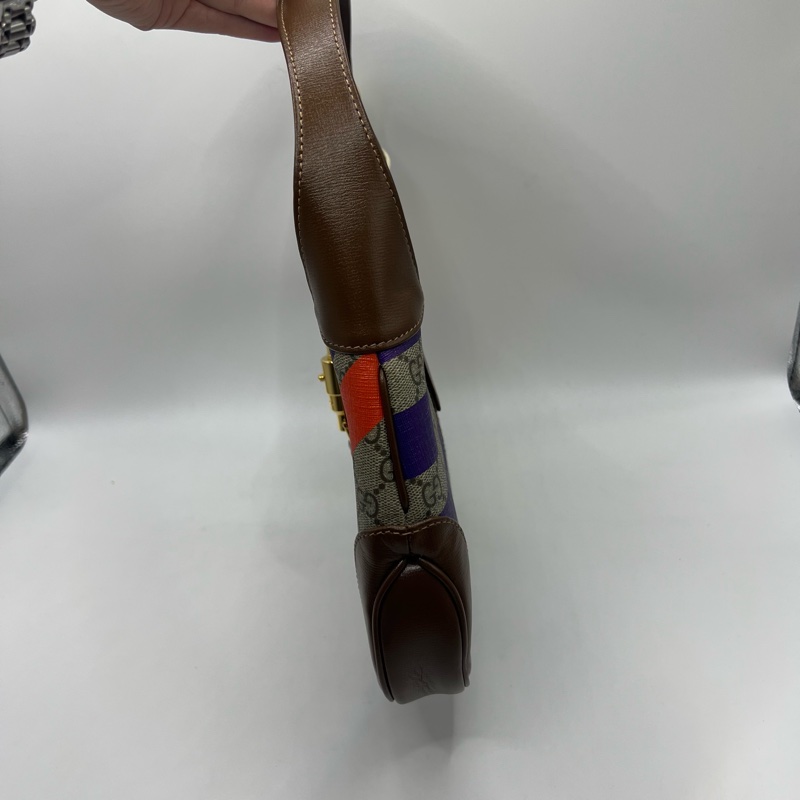 GUCCI古馳 Jackie 1961 金色鎖扣幾何印花可拆卸延長肩帶 帆布拼皮革飾邊 半月腋下包 單肩包 小號 女款 棕粉拼色-3