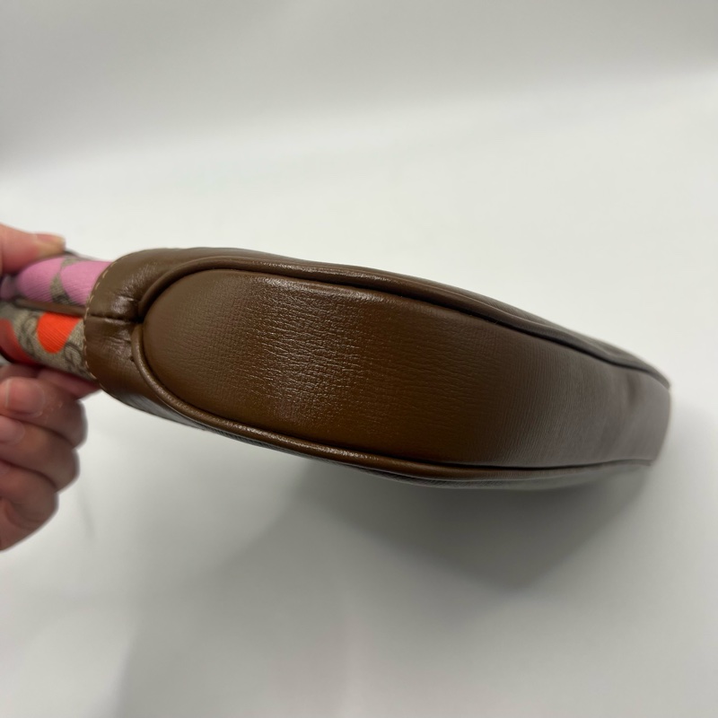 GUCCI古馳 Jackie 1961 金色鎖扣幾何印花可拆卸延長肩帶 帆布拼皮革飾邊 半月腋下包 單肩包 小號 女款 棕粉拼色-5