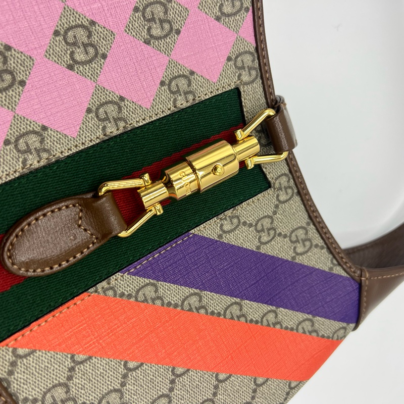 GUCCI古馳 Jackie 1961 金色鎖扣幾何印花可拆卸延長肩帶 帆布拼皮革飾邊 半月腋下包 單肩包 小號 女款 棕粉拼色-10