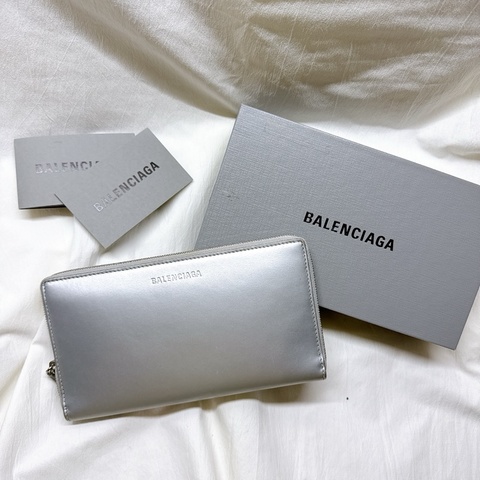 二手正品Balenciaga巴黎世家ESSENTIAL 基本款銀色拉鍊長夾 巴黎世家長夾 巴黎世家皮夾 巴黎世家錢包