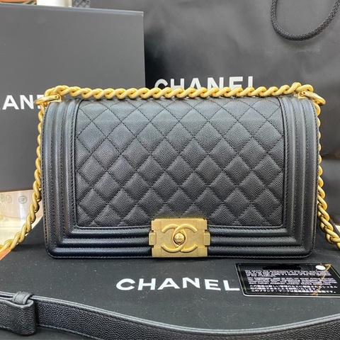【99.9%新✨大全套✨全網最低價】Chanel Boy 中號黑金荔枝皮