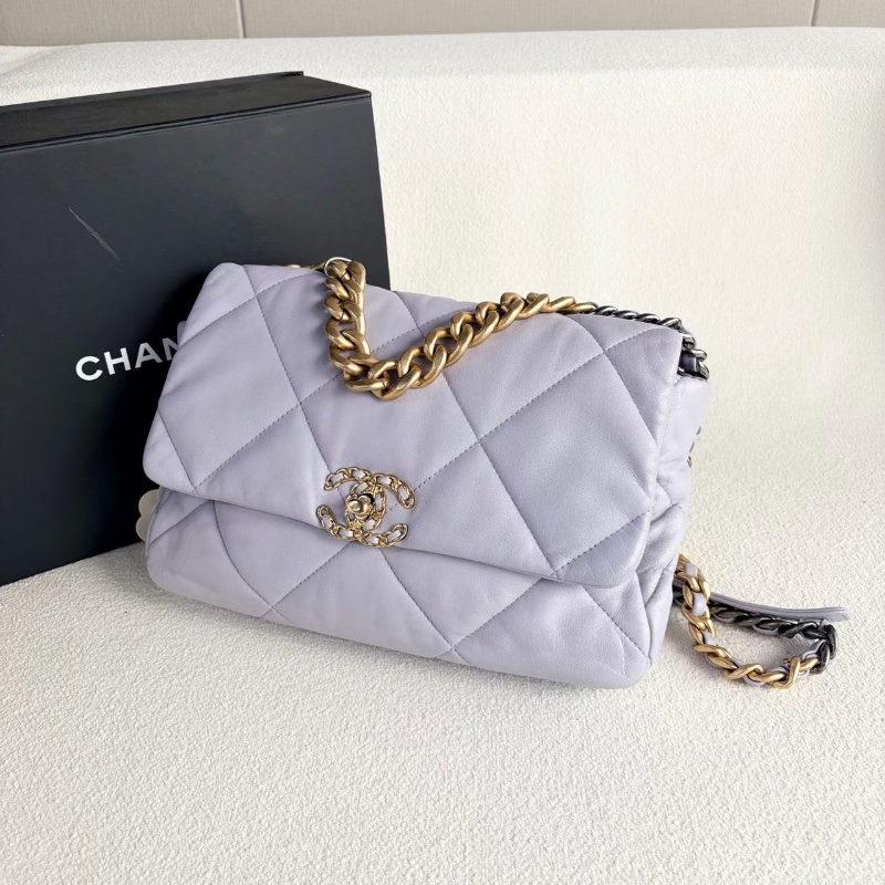 Chanel 19bag中號 香芋紫金扣 羊皮芯片款30*21*8.5 98新配件塵袋-3