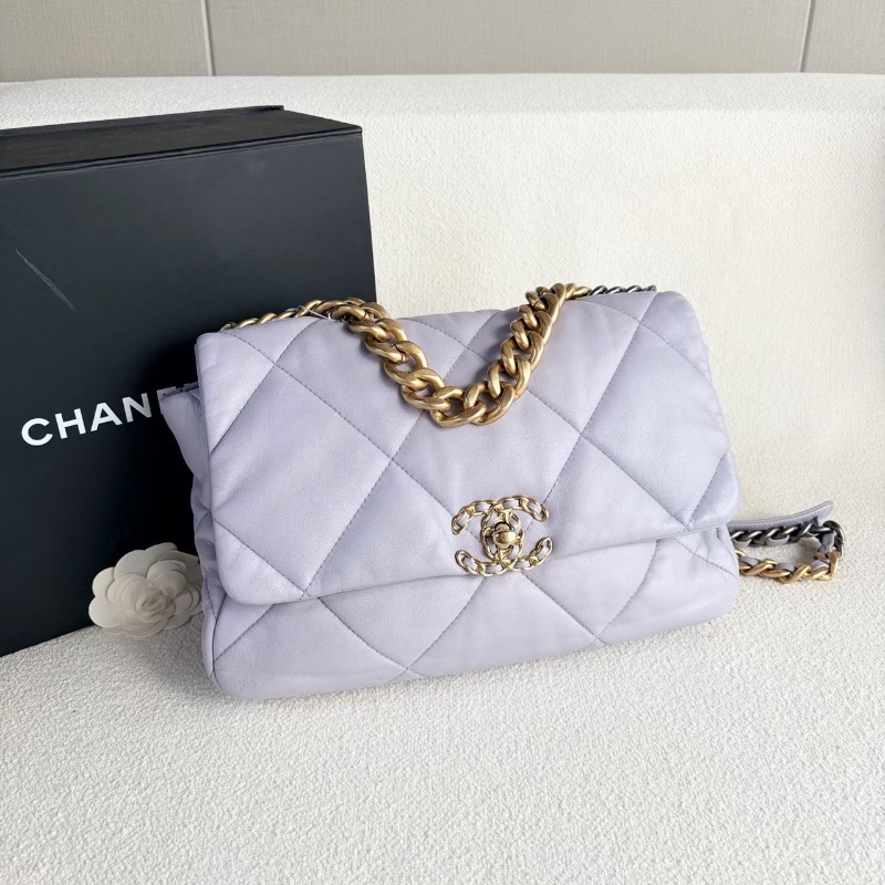 Chanel 19bag中號 香芋紫金扣 羊皮芯片款30*21*8.5 98新配件塵袋-5