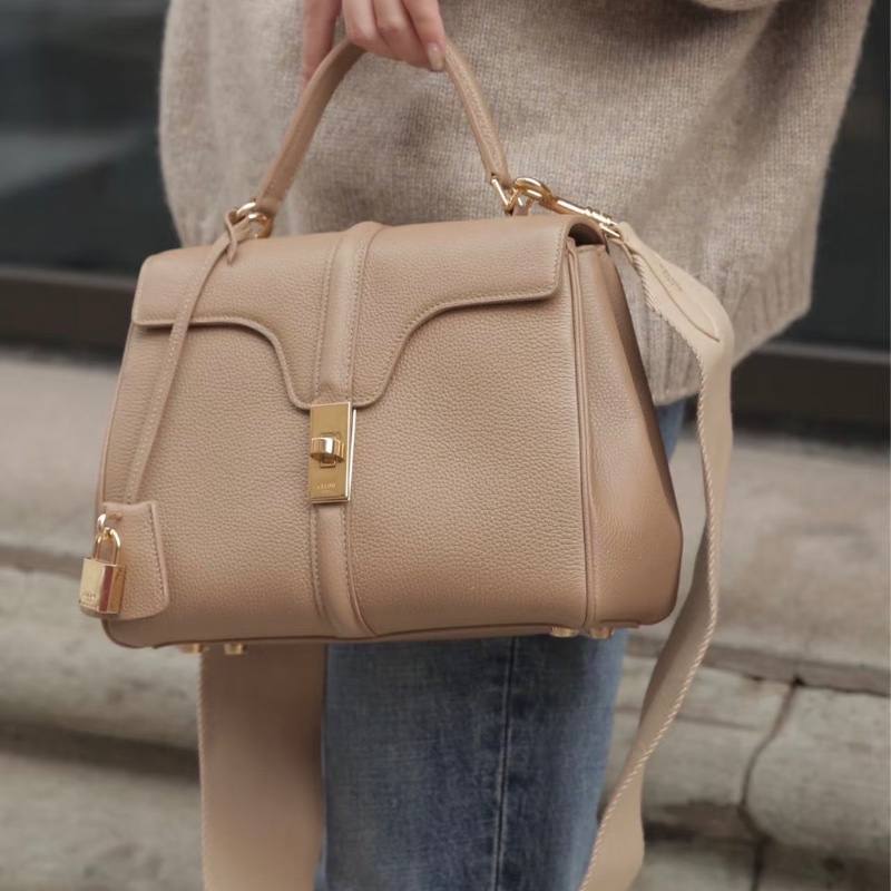 Celine soft16手提斜背包 奶茶色 金扣 荔枝皮 中號32*24*9 98新配件塵袋-1