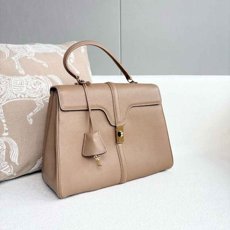 Celine soft16手提斜背包 奶茶色 金扣 荔枝皮 中號32*24*9 98新配件塵袋-4