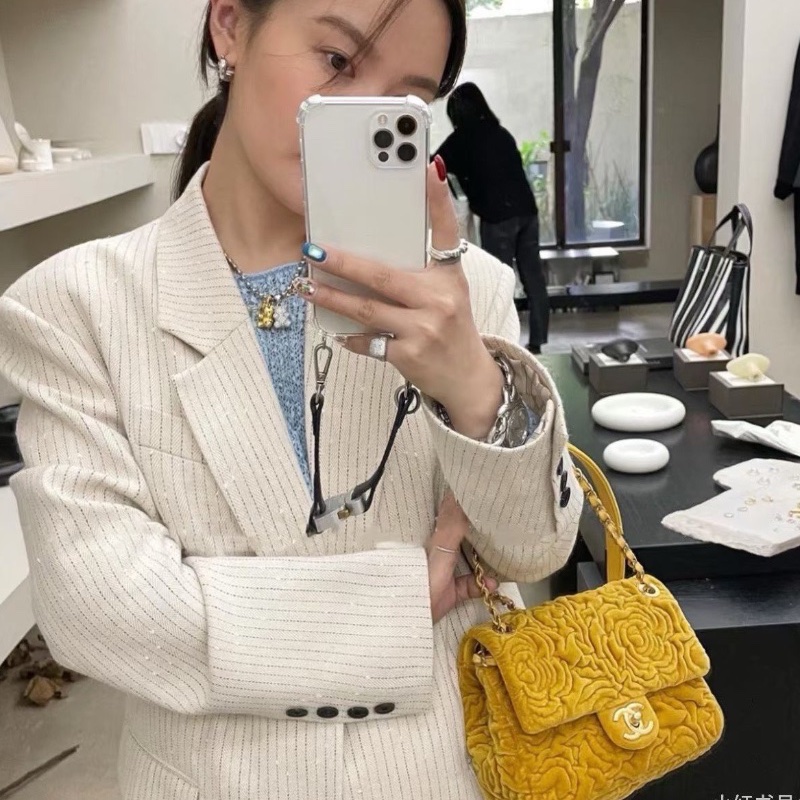 Chanel絲絨山茶花方胖子 芯片款 薑黃色金扣17*15*6.5 99新配件塵袋-1