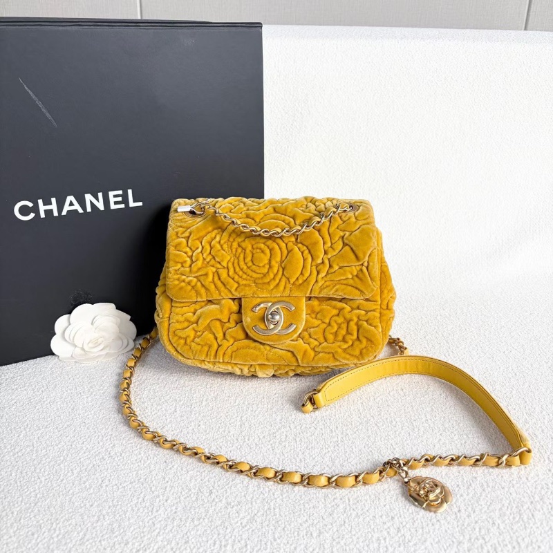 Chanel絲絨山茶花方胖子 芯片款 薑黃色金扣17*15*6.5 99新配件塵袋-2