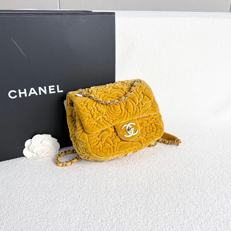 Chanel絲絨山茶花方胖子 芯片款 薑黃色金扣17*15*6.5 99新配件塵袋-6