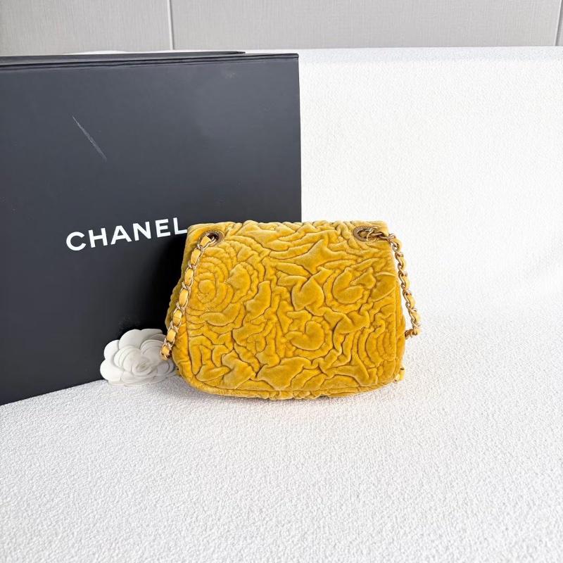Chanel絲絨山茶花方胖子 芯片款 薑黃色金扣17*15*6.5 99新配件塵袋-7