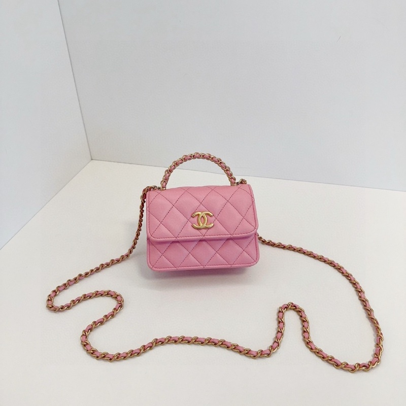 Chanel 芯片款 粉色金扣 mini kelly 肩背斜背包13*10*5.5  98新配件塵袋-1