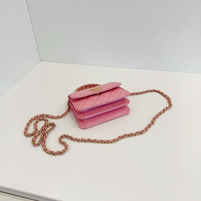 Chanel 芯片款 粉色金扣 mini kelly 肩背斜背包13*10*5.5  98新配件塵袋-4