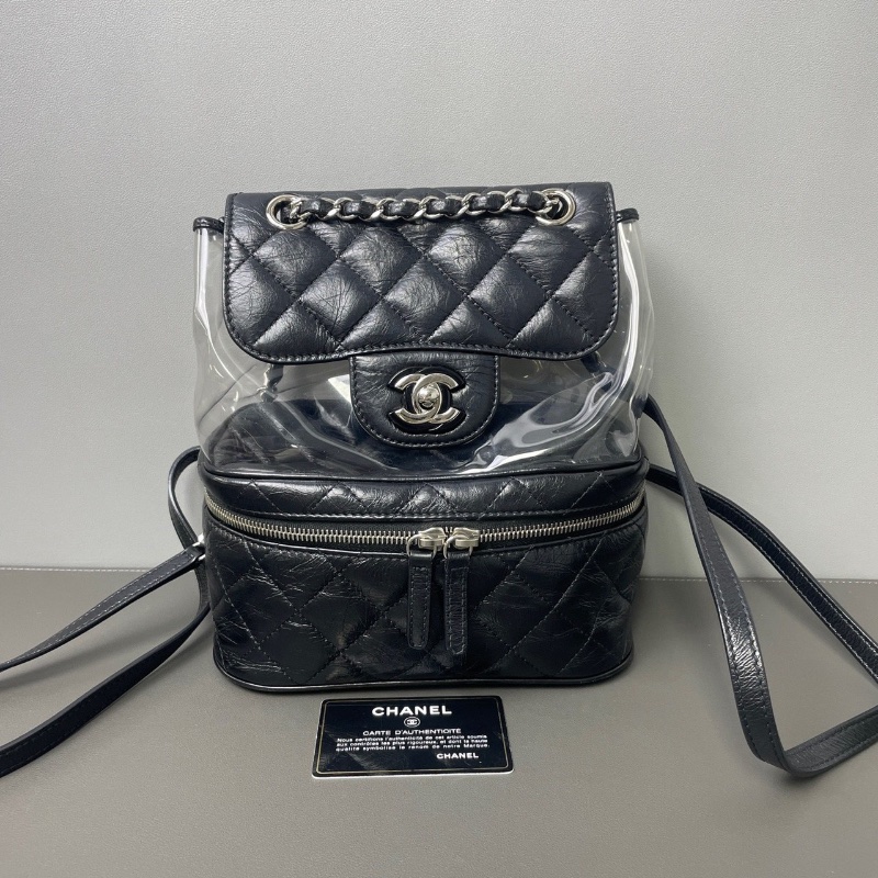 chanel 黑銀菱格紋油臘皮pvc果凍後背包21*22*11  98新配件塵袋保卡-1