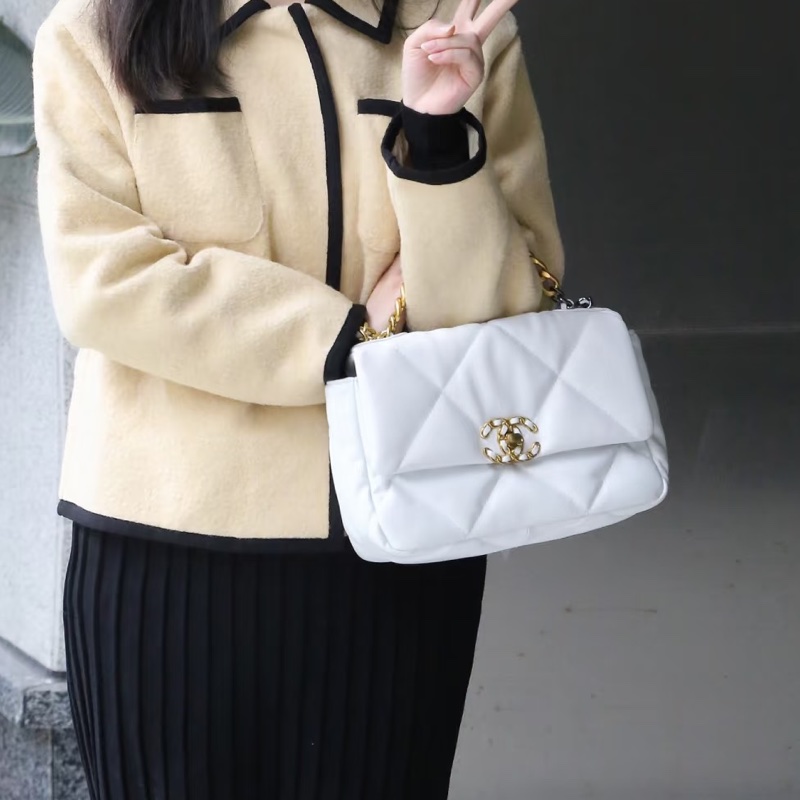 優雅千金風🤍99新Chanel香奈兒白色小號19bag手提包單肩斜挎包-6