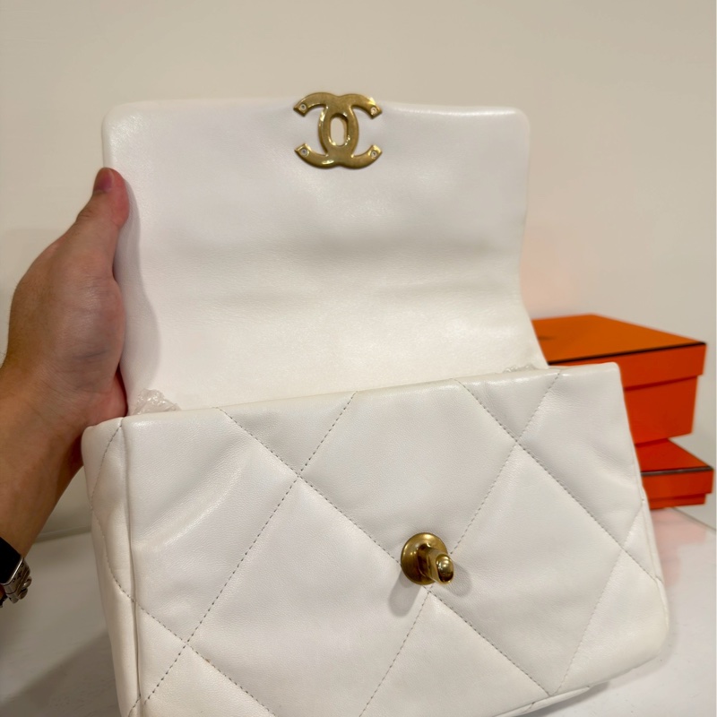 優雅千金風🤍99新Chanel香奈兒白色小號19bag手提包單肩斜挎包-20