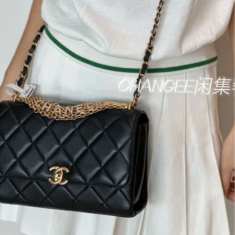 美神駕到❤️‍🔥99新限量🆕Chanel香奈兒黑金水鑽logo字母手柄秀款大號口蓋包鏈條包單肩斜挎包-4